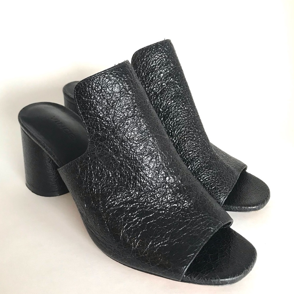 Vince Black Leather Textured Block Heel Mules (7)